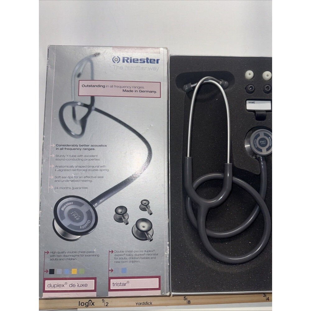 Riester 4081 Duplex De Luxe Aluminum Stethoscope Silver EUC Box Ear Pieces